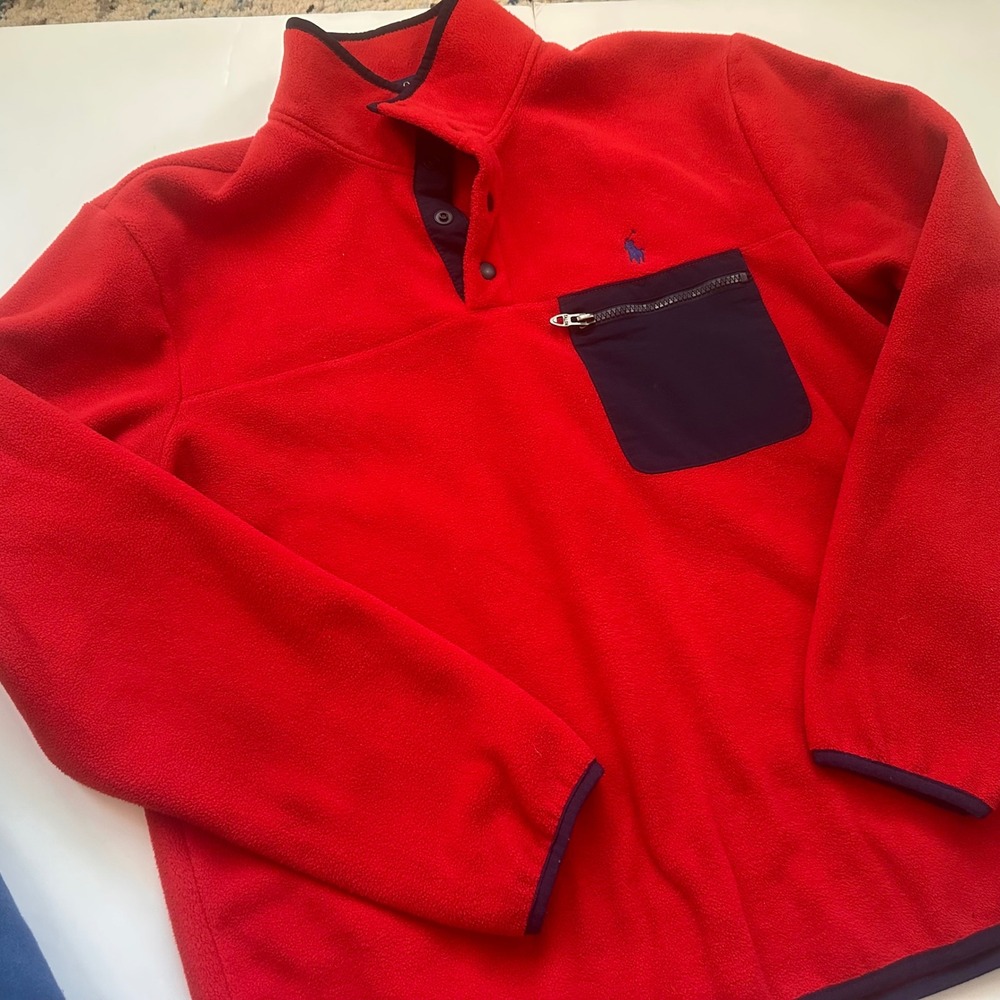 Polo Ralph Lauren Mens Red Fleece Snap‎ Mock Neck Pullover Navy Pocket Size M
